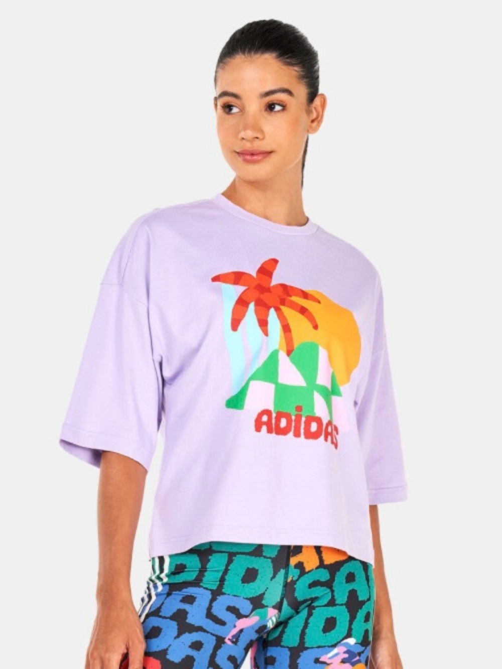 Adidas x Farm Rio Lavender Tee with Sunset Palm Graphic